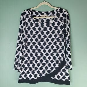 41 Hawthorn Womens Black White Geometric Long Sleeve Blouse Top Size Large